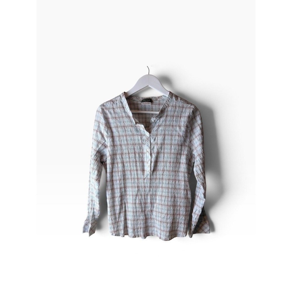 Longchamp Plaid Crinkle Texture Split Neck Blouse White Brown Size 40 Top